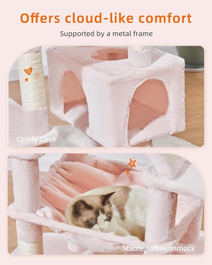 Taoqimiao Cat Tree 71-Inch, Cat Tower for Indoor Cats Large Adult, Multi-Level Large Cat Condo, 8 Sisal Scratching Posts, Metal Frame Cozy Hammock, Scratch Board, 2 Top Perches, Jelly Pink MS026LP