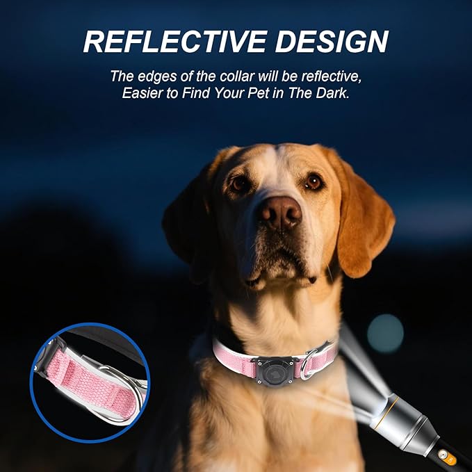 Waterproof Airtag Dog Collar - Nylon Collar with Durable Airtag Holder, Reflective&Anti-Lost with Safety Metal Buckle, Soft Padded Adjustable for Small Medium Large Dogs Pink M