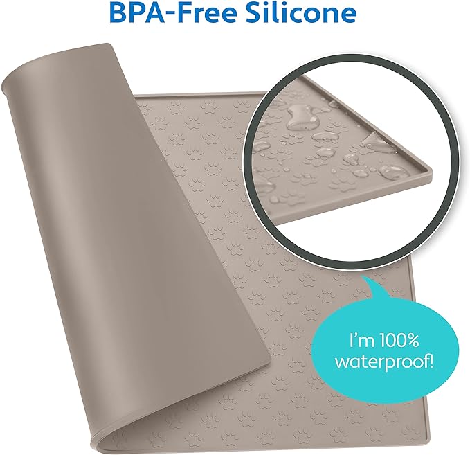 MIGHTY MONKEY 100% Waterproof Dog Food Mat, Raised Edges Silicone Pet Feeding Placemat for Cat, Dogs, Pet Bowls, High Lipped Tray Prevents Water Spills, Food on Floor, Dishwasher Safe, 18x12, Beige