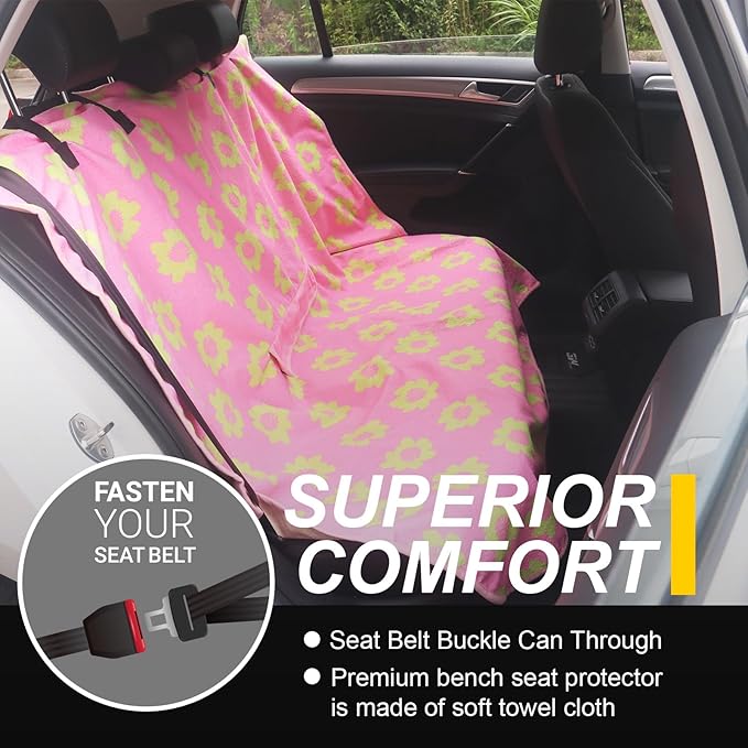 Back Seat Cover for Car Trucks Van SUV,Waterproof Rear Bench Towel Seat Covers for Dogs and Kids,Automotive Backseat Protector (Flower and Pink)