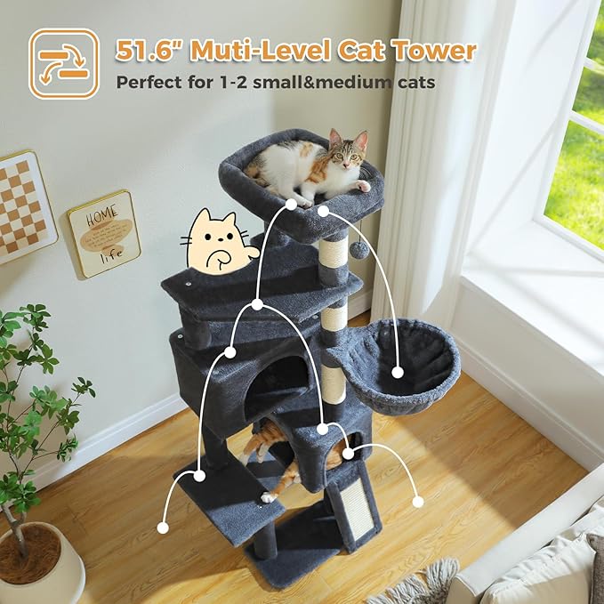 PAWZ Road Cat Tree, 51.6 Inches Cat Tower with Dual Condos, Spacious Perch, Cozy Basket and Sisal-Covered Scratching Posts for Indoor Cats- Dark Gray