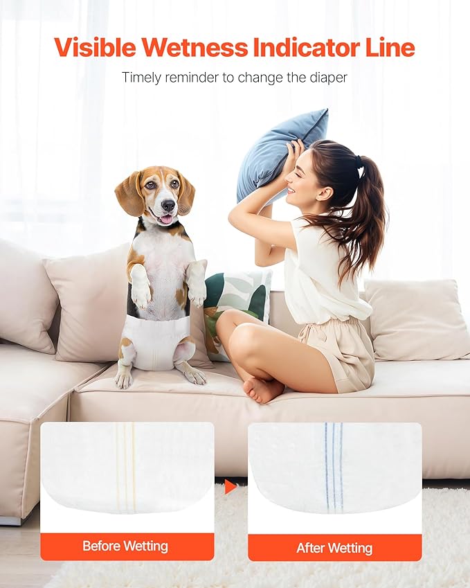 VEVOR Disposable Dog Diapers, Super Absorbent Female Dog Diapers, 360° Leak-Proof Female Doggy Pet Diaper with Wetness Indicator for Heat Period, Training, Incontinence - M, 144 Count (2 Packs of 72)