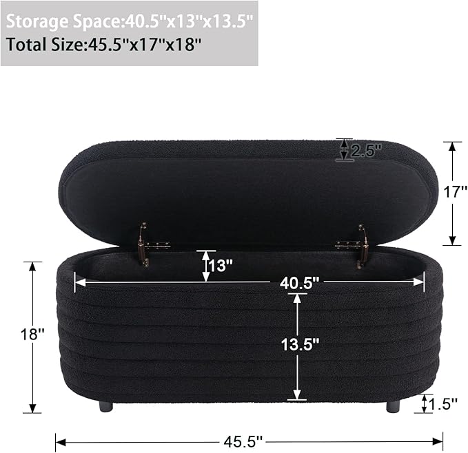 Storage Ottoman Bench Upholstered Fabric Storage Bench End of Bed Stool with Safety Hinge for Bedroom, Living Room, Entryway (45.5-inch, Black)