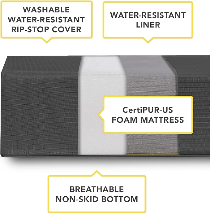 K9 Ballistics Tough Ripstop Orthopedic Rectangle Dog Bed Removable Washable Cover, Solid Orthopedic Foam for Size M Medium Dogs 33"x27", Sandstone