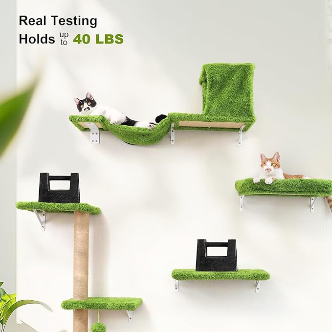 FUKUMARU Cat Wall Shelves, Stable & Safe 4 in 1 Cat Furniture Set, Wooden Climbing Wall with Scratching Post, Bridge and Bed, Stylish Jungle Gym for 16 Inch Drywall - Green