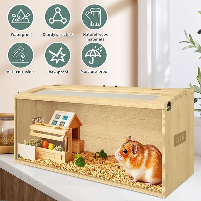 32" Hamster Habitat Enclosure, Top Opening Lockable Roof Door, Gerbil Dwarf Hamster Cage with Hygrometer, Chewproof Syrian Hamster Cage for Mice, Small Animal, (Wooden, 32" L x 16" W x 16" H)