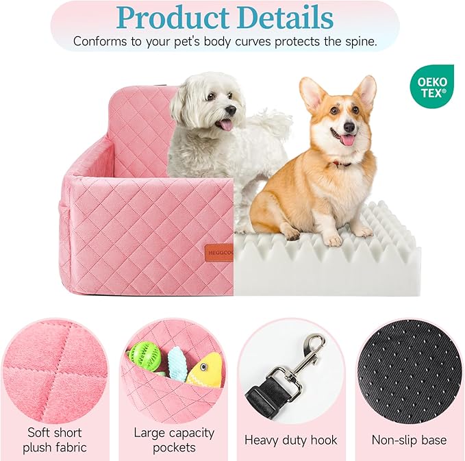 Dog Car Seat for Medium/Large Dogs, Pet Booster Seat for Under 55 lbs or 2 Small Dogs, Detachable & Washable Dog Car Bed for Backseat with 2 Safety Leashes (Pink)