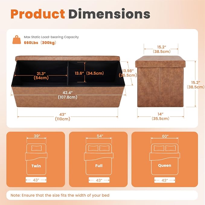 Sweetcrispy 43 Inches Folding Ottoman with Storage Bench, Foot Rest Stool, End of Bed Storage Bench Upholstered, Load 660 lbs, for Living Room, Synthetic Leather, Brown