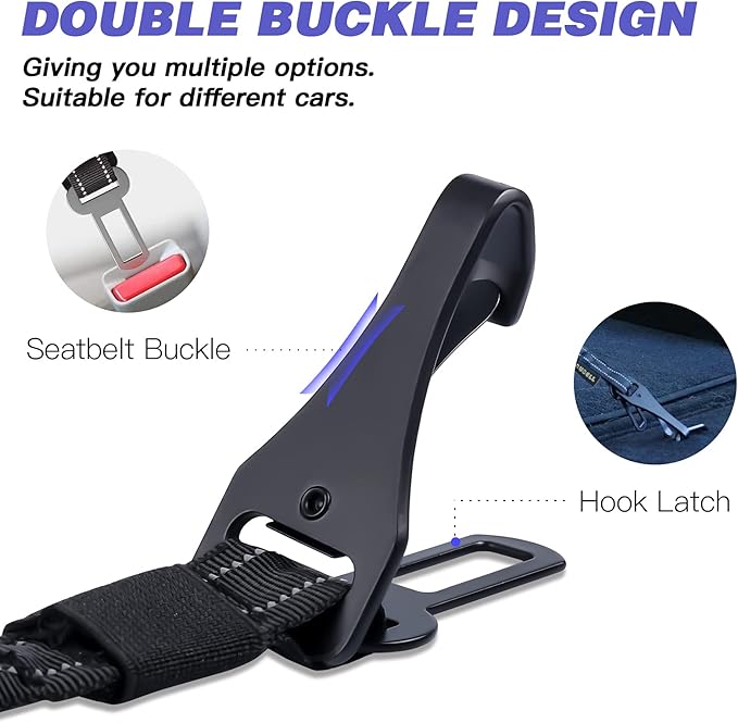 AUBELL Dog Seat Belt for Car,2 Pack Set 3-in-1 Adjustable Reflective Bungee Heavy Duty Dog Car Harness Tether with Clip Hook Latch & Buckle,Swivel Zinc Alloy Carabiner,Black+Black