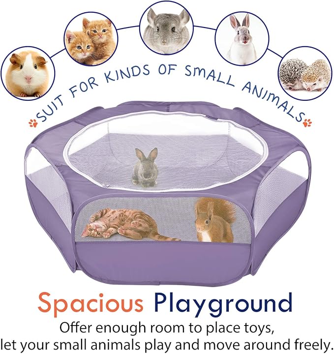 Pawaboo Small Animals Playpen, Waterproof Small Pet Cage Tent with Zippered Cover, Portable Outdoor Yard Fence with 3 Metal Rod for Chick/Kitten/Puppy/Guinea Pig/Rabbits/Hamster/Chinchillas, Purple
