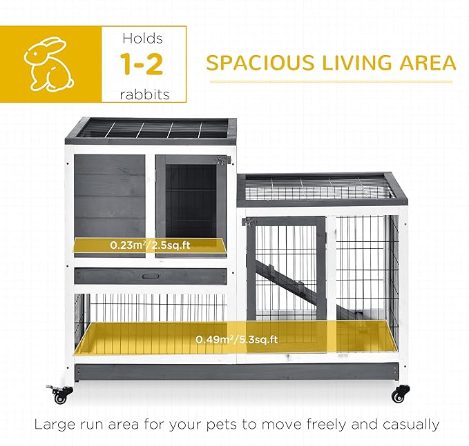 PawHut Wooden Rabbit Hutch Elevated Bunny Cage Indoor Small Animal Habitat with Enclosed Run with Wheels, Ramp, Removable Tray Ideal for Guinea Pigs, Grey