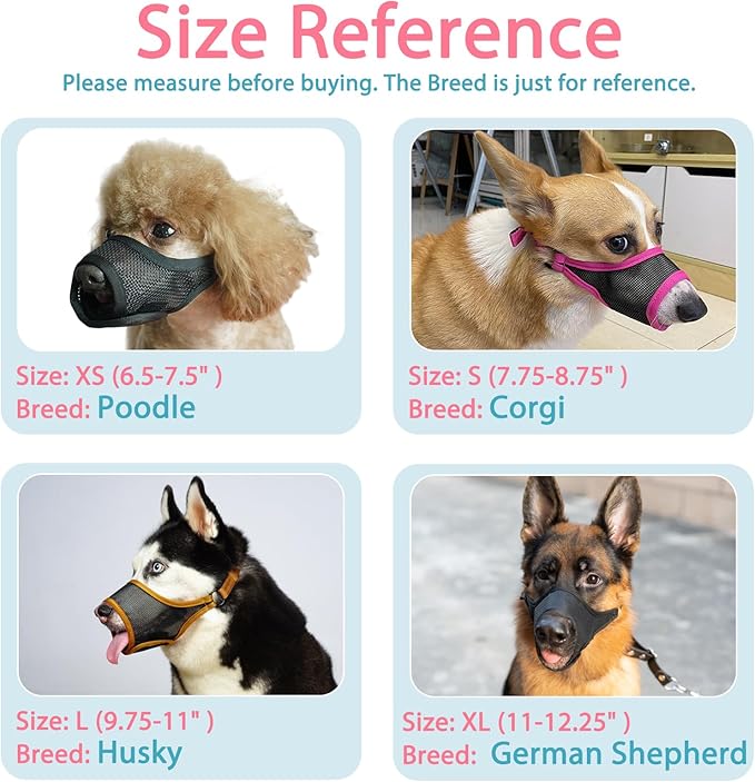 LUCKYPAW Dog Muzzle, Mesh Muzzle for Large Medium Small Dogs, Soft Mouth Guard for Biting Chewing, Breathable Mouth Guard with Adjustable Strap for Training(Black, XL(Snout:11"-12.25"))