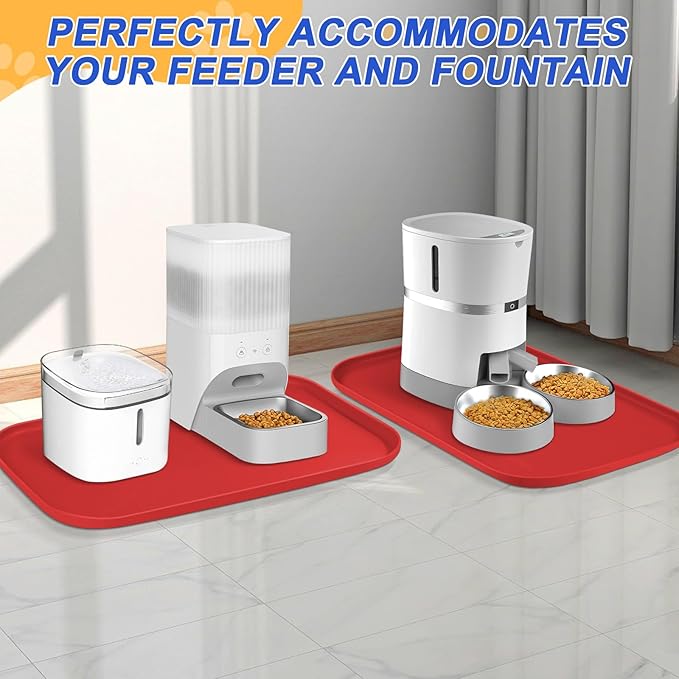 Silicone Pet Feeding Mat with Raised Edge for Food and Water, Dog Bowl Mats, Cat Bowls Placemat with High Lip for Floor Waterproof, Rubber Tray for Cats and Dogs 22 x 14 x0.8 Red