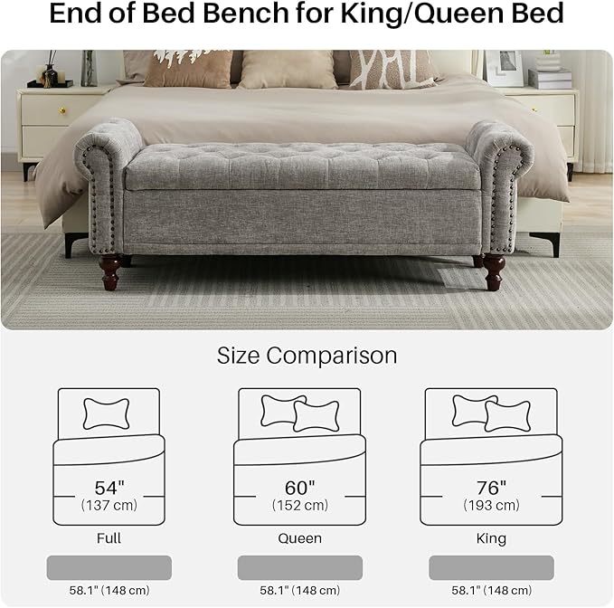 58.1'' Storage Bench Upholstered Chenille End of Bedroom Bed Bench Ottoman with Tufted Cushioned Rolled Arm Large Storage Space for Reading Living Room Entryway, Light Grey