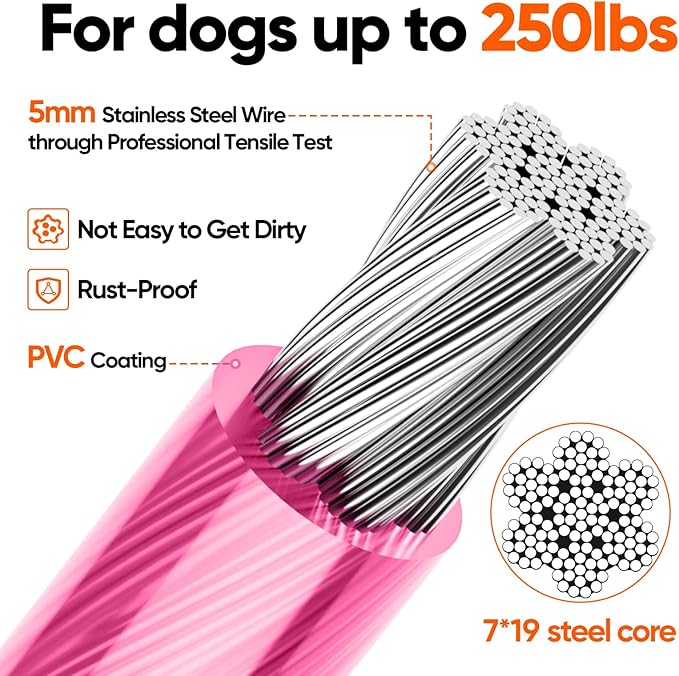 Tresbro 15FT Reflective Tie Out Cable for Dogs Up to 250 Pounds, Steel Wire Lead Leash Cable with Stainless Rotatable Buckle, Lightweight and Enduring, Dog Chains Outside for Outdoor, Yard, Pink