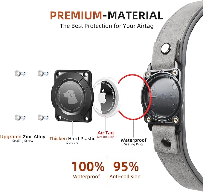 AirTag Dog Collar - Leather Dog Collar with Air Tag Holder | IPX8 Waterproof, Reflective, High - End, Adjustable Soft Padded | Dog GPS Tracker Collars Fit for Medium Large Dogs (Grey, L)
