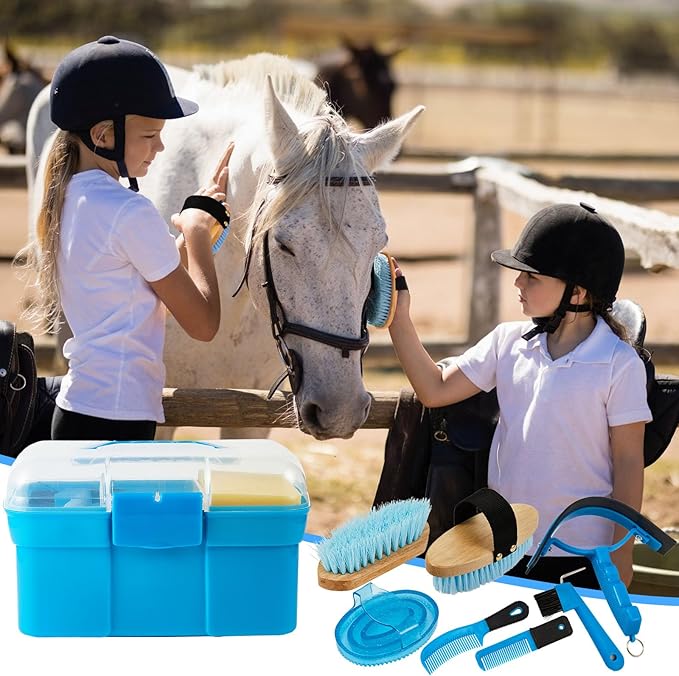Cunhill 9 Pieces Horse Grooming Kit Tack Room Supplies Set with Organizer Tote Box, Oval Massage Curry, Hard and Soft Brush, Hoof Pick, Sweat Scraper, Bathing Sponge, Combs for Horse Riders Beginners