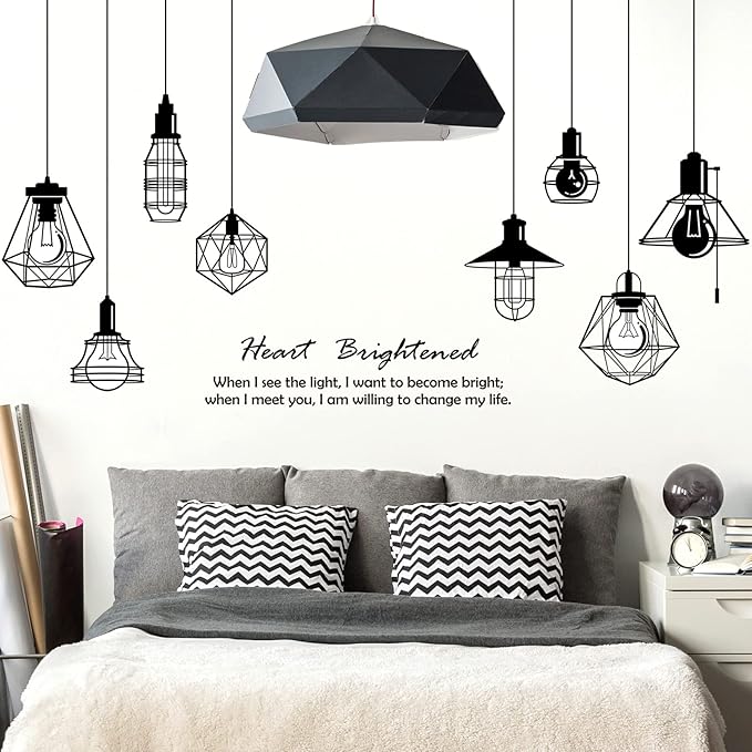 Removable 8pcs Hanging Black Vinyl Chandeliers Wall Sticker Quotes Heart Brightened Wall Decal DIY Peel and Stick Decor for Kids Boys and Girls Bedroom Living Room Studyroom Playroom Classroom
