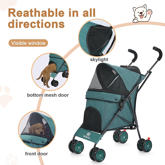 Umbrella Dog Stroller, 4 Wheels Pet Strolling, Foldable Carrier Pet Stroller for Small Dogs Cats, with Carrying Strap and Cup Holder, Dog Poop Bags & Dispenser, Up to 33 lbs, Dark Green