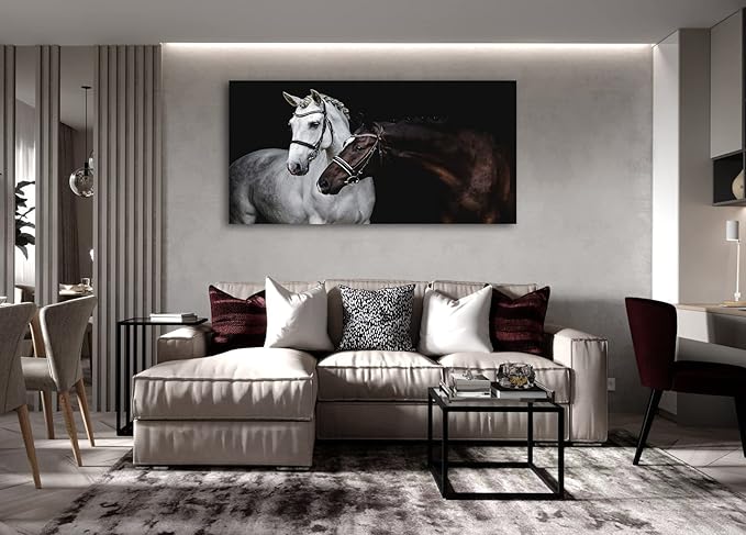 Jiuqinghua Wall Art Canvas Print Picture White and Brown Horses 1 Panel Wild Animal Painting Artwork for Living Room Bedroom Office Home Wall Decor Stretched and Framed Ready to Hang 24x48inches