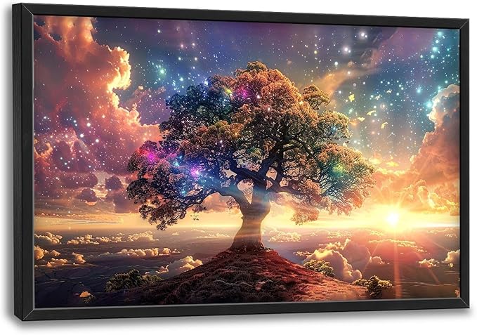 Tree Sunrise Large Wall Art Tree of Life Pictures Foggy Mountain Landscape Wall Starlight Nature Decor Canvas Print Painting Artwork for Bathroom Living Room Bedroom 36L" x 24W"