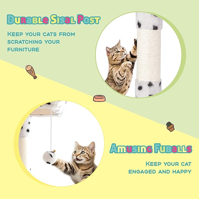 SHA CERLIN 73in Fan-Shaped Corner Cat Tower for Save Space/Multi-Level Tall Tree for Indoor Kitties/Condo with Baskets/Cozy Perches/Sisal Scratching Posts/Pet Activity House/White & Black Spot