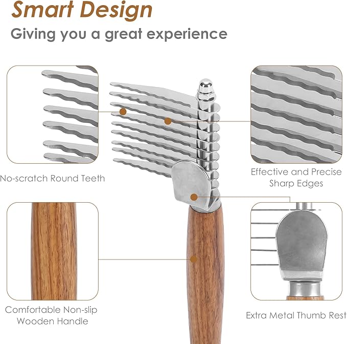 Dog Dematting Comb with Wooden Handle & Detangling Brush - Stainless Steel Undercoat Rake for Long & Thick Haired Dogs & Cats, Professional Grooming Tool for Deshedding and Matted Fur Removal