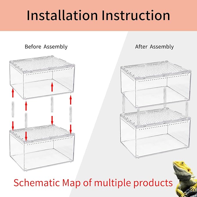 【No Assembly】 Reptile Tank Enclosure with Magnetic Button.12" * 8" * 6" Thicken Snake Enclosure Cage,Batch Stackable Reptile Breeding Tank for Insect,Fish,Tarantula,Hermit Crab,Jumping Spider