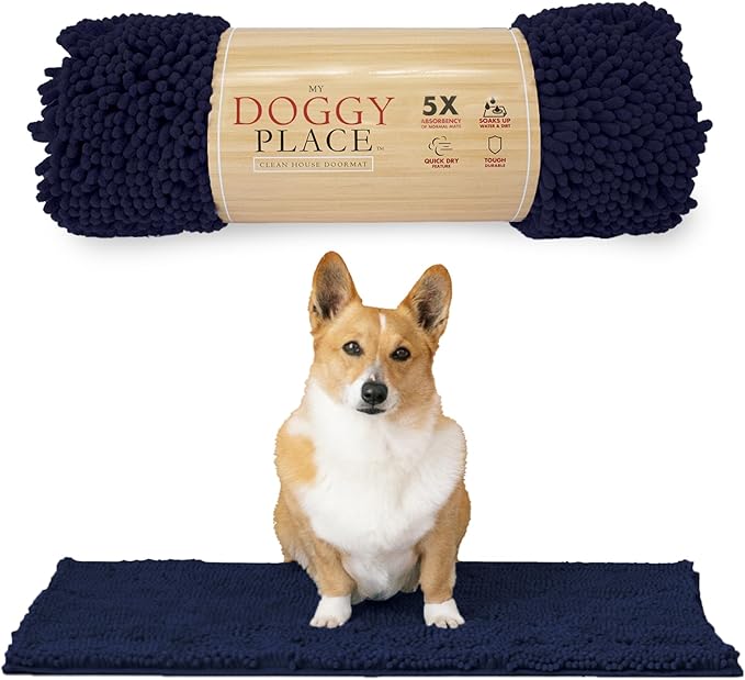 My Doggy Place Microfiber Dog Mat for Muddy Paws, 31" x 20" Navy Blue - Absorbent and Quick-Drying Dog Paw Cleaning Mat, Washer and Dryer Safe - Non-Slip Rubber Backed Dog Floor Mat, Medium