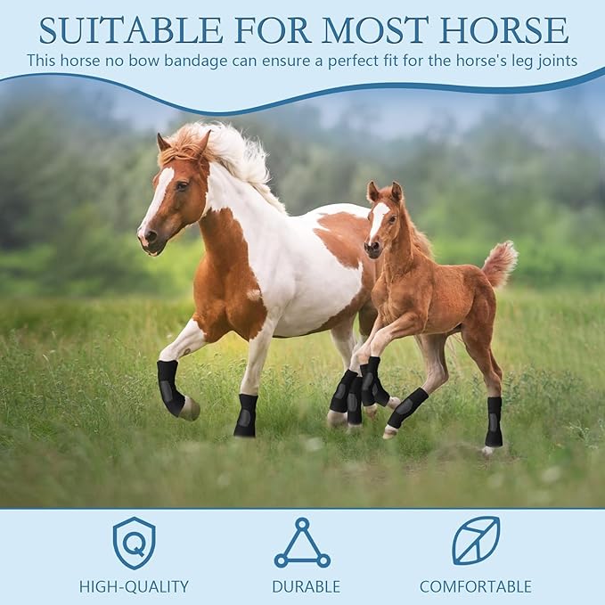 Set of 4 Horse No Bow Bandage 3D Contoured Standing Wrap Bandages Stable Nylon Horse Leg Wraps for Helping Prevent Horse from Tendon Damage and Keep Horses Clean and Safe (Black)