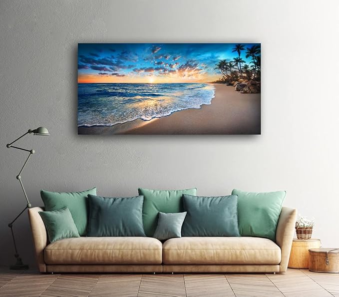 Jiuqinghua Canvas Prints Wall Art Blue Beach Ocean Landscape Paintings 1 panel Sunset Sea Waves Wall Decor Pictures Stretched and Framed for Living Room Bedroom and Office Decor Artwork 24x48inch