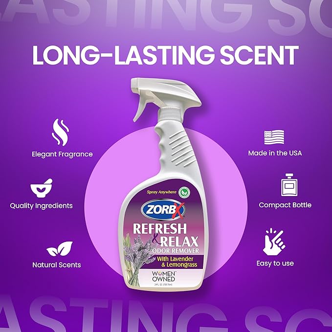 ZORBX Lavender & Lemongrass Spray, 24 Oz - All-Purpose Deodorizer, Refreshes Fabric, Removes Strong Odors, Perfect for Home, Car, Gym, Laundry