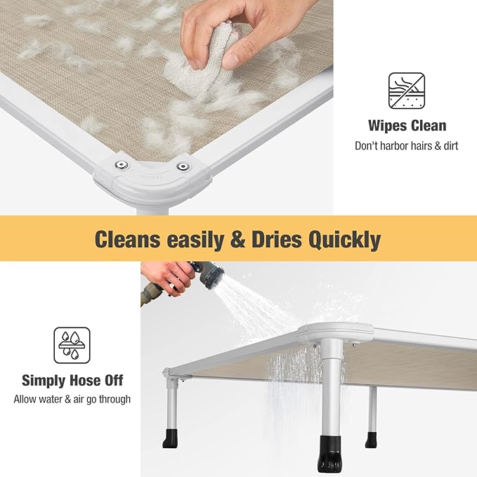 Veehoo Chew Proof Elevated Dog Bed - Cooling Raised Pet Cot - Silver Aluminum Frame and Durable Textilene Mesh Fabric, Unique Designed No-Slip Feet for Indoor or Outdoor Use, Beige Coffee, Large