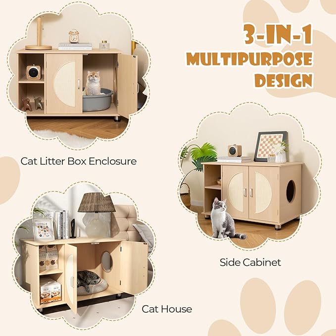 Tangkula Litter Box Enclosure, Hidden Cat Washroom with Storage Shelf, Sisal Scratching Doors, Adjustable Metal Feet, Modern Cat Litter Cabinet Storage Bench, Enclosed Litter Box Furniture (Natural)