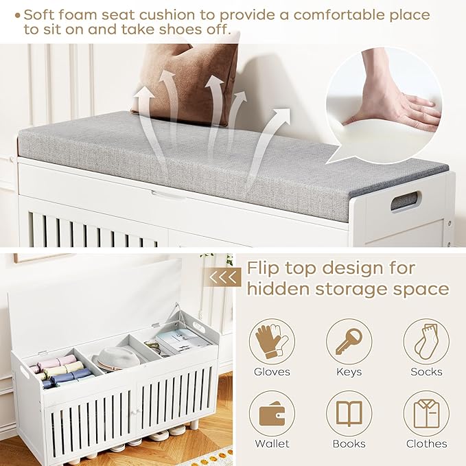 Storage Bench, Bamboo Shoe Bench with Padded Seat Cushion & 2 Doors, 2-Tier Entryway Bench with Lift Top Hidden Storage, 35.4" W x 12.6" D x 19.7" H, Shoe Rack Cabinet for Entryway, Living Room, White
