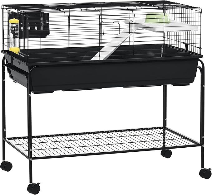 PawHut Two-Story Small Animal Cage Removable from Stand, Guinea Pig Cage with Shelf & Wheels, Pet Habitat for Hedgehog, Chinchilla, Ferret, 39" x 20.5" x 36.5", Black