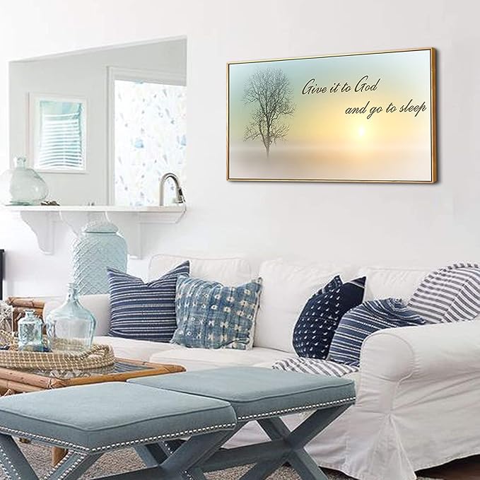 Lasdel Natural Extra Framed Wall Art of Misty Sunset & Tree Plant Picture For Bedroom Home Above Bed,Large White Country Wood Sign For Bathroom,Give It To God & Go to Sleep Artwork Decor,24x48