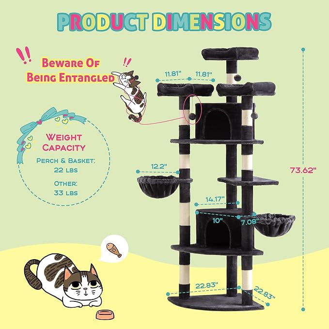 SHA CERLIN 73in Fan-Shaped Corner Cat Tower for Save Space/Multi-Level Tall Cat Tree for Indoor Kitties/Condo with Baskets/Cozy Perches/Sisal Scratching Posts/Pet Activity House/Dark Grey