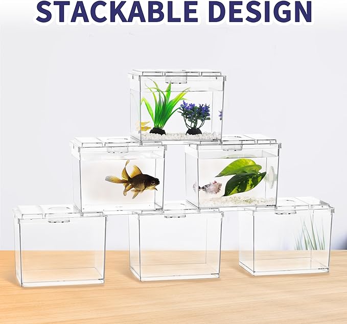 Mini Betta Fish Tank, Small Fish Bowl for Temporary Space, 0.2 Gallon Stackable Cube Tank with Artificial Plants and Gravels for Small Fish, Insect, Shrimp, Crab, Spider. (Pack-2)