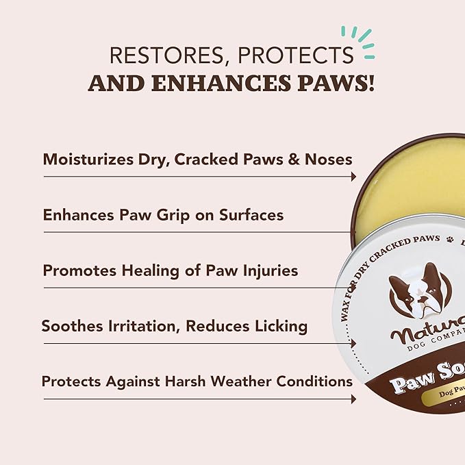 Natural Dog Company Paw Soother Balm & Wax for Dogs 4 oz Tin – Organic Moisturizing Relief for Dry, Cracked Paws, Lick - Safe–Repairs & Heals–Protects Against Extreme Weather – Coconut Oil & Vitamin E