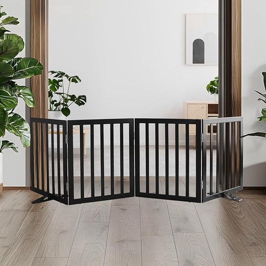 ZJSF Freestanding Indoor Dog Gate for House Foldable Wood Puppy Gate for Doorways Pet Gate for Stairs Extra Wide Pet Fence, Black, 24" Height 4 Panels