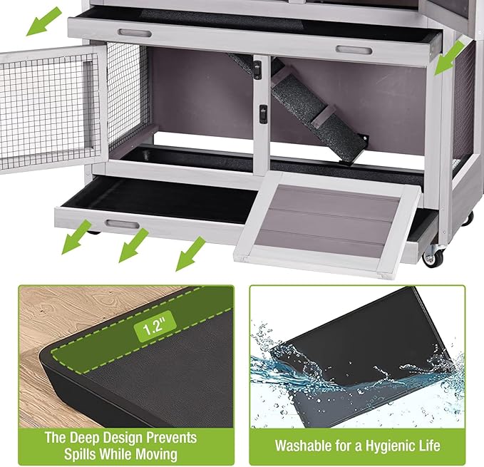 Rabbit Hutch Bunny Cage, Guinea Pig Cage Bunny Hutch Indoor, Wood Pet Cage with 4 Casters -2 Story & 2 Trays