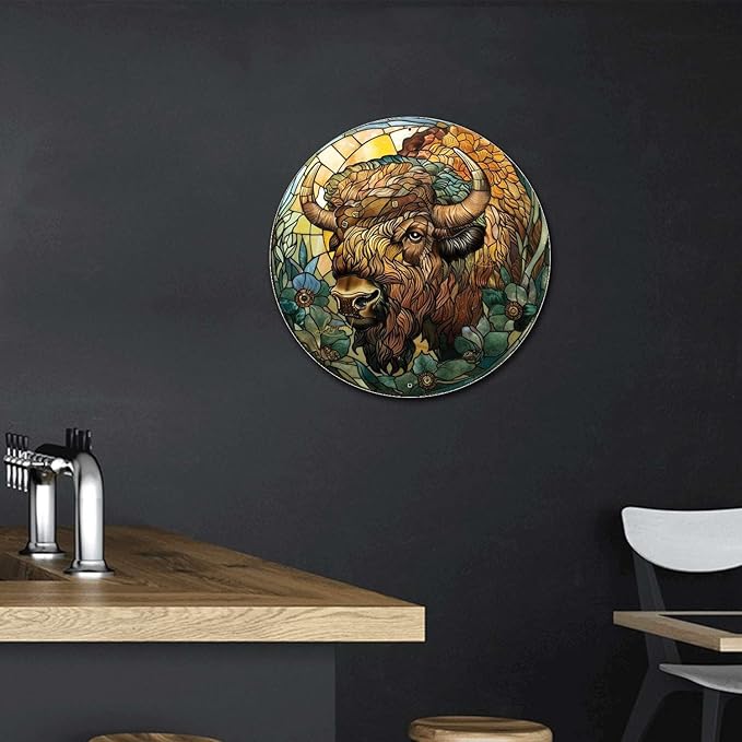 Lygond Metal Sign Tin Sign Circular Stained Glass American Bison Greenhouse Decor for Restaurant 8×8 Inches