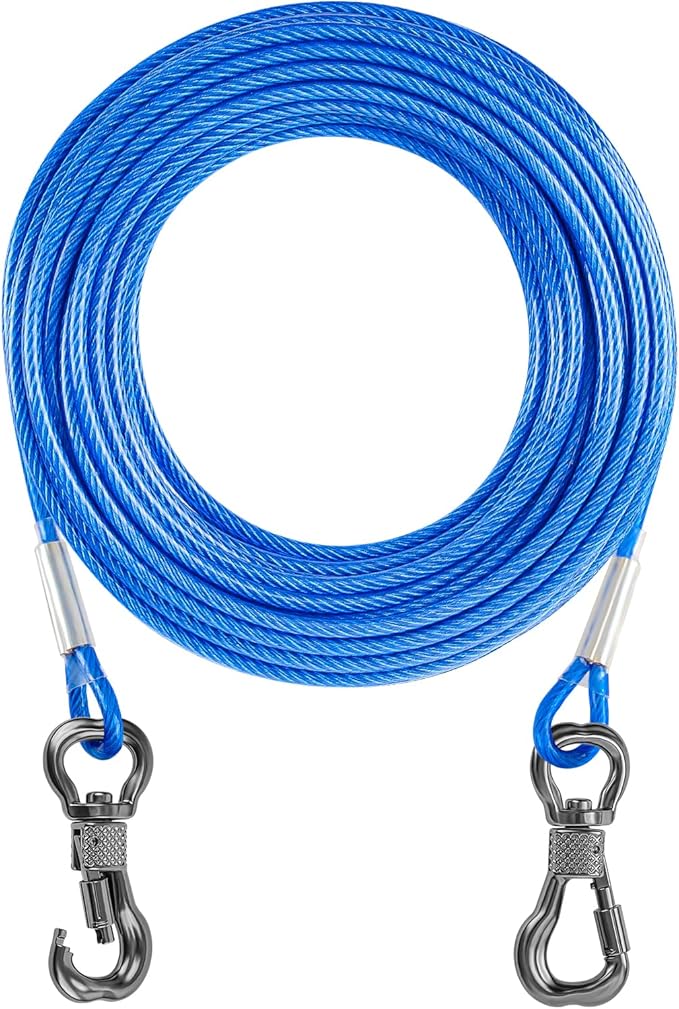 Tresbro 70FT Reflective Tie Out Cable for Dogs Up to 250 Pounds, Steel Wire Lead Leash Cable with Stainless Rotatable Clip, Lightweight and Enduring, Dog Lead Chains for Outside,Yard,Camping, Blue