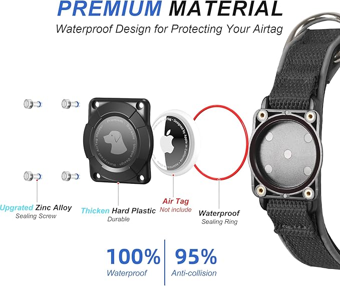 Waterproof Airtag Dog Collar - Nylon Collar with Durable Airtag Holder, Reflective&Anti-Lost with Safety Metal Buckle, Soft Padded Adjustable for Small Medium Large Dogs Black L