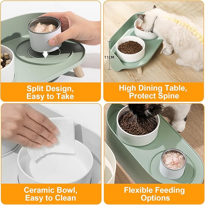 Elevated Dog Bowls Set, Ceramic Pet Food & Water Bowls with Non-Slip Stand, No Spill Design for Cats/Small Medium Dogs Green