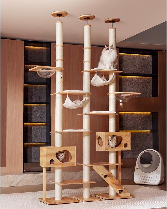 Wood Cat Tree for Indoor Cats, Modern Cat Tower, Unique Cat Condo with House, Tall Luxury Furniture with Heavy Duty Wide Base, Kraft Paper Rope Scratching Post, Removable Cushion (96.5-118.1 inch)