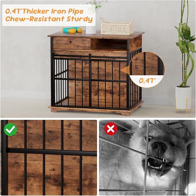 35.5" Dog Crate Furniture, Wooden Dog Crate Furniture for Medium Small Dogs, Wooden Dog Kennel End Table with Drawer and Open Shelves, Sliding Door Dog Kennel Furniture