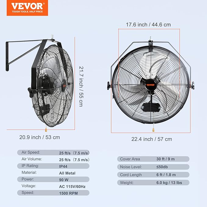 VEVOR 18 Inch Wall Mount Fan, 3-speed IP44 Waterproof, Max. 4150 CFM Wall Mounted Fan for Outdoor, Commercial, Residential, Greenhouse, Workshop, Patio, Black, ETL Listed