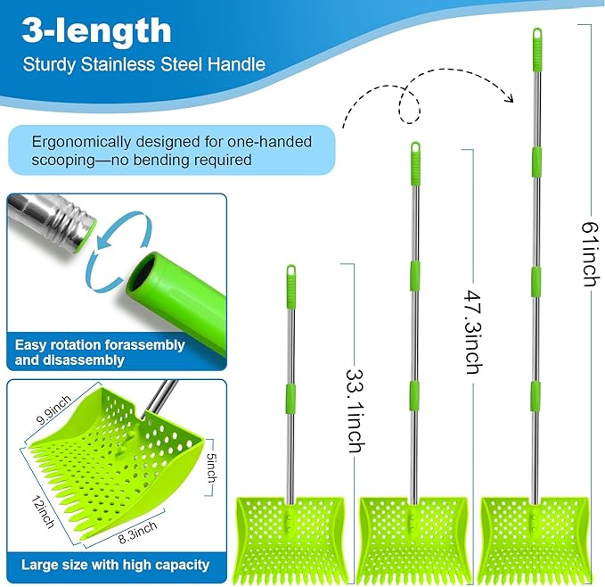 12-Inch 2-in-1 Chicken Poop Scooper & Rake – US Patent Pending – 3-Shape Sifting Holes Chicken Coop Rake，Stainless Steel Handle （20–61"）– Litter Scoop Sand & Sifting Shovel for Chicken Coops(Green)